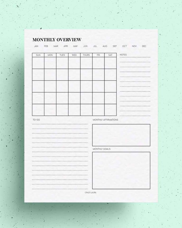 Free Monthly Calendar Overview Printable &amp; Blank Version - Crazy Laura