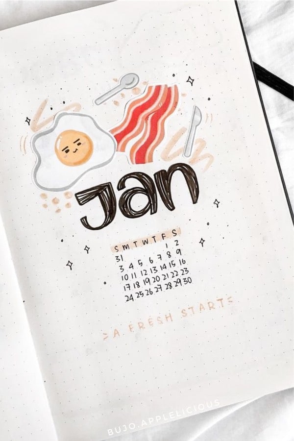 winter bujo cover with breakfast doodle theme