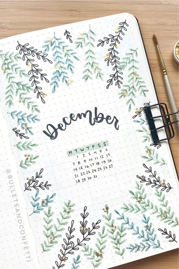december bujo cover with winter doodle