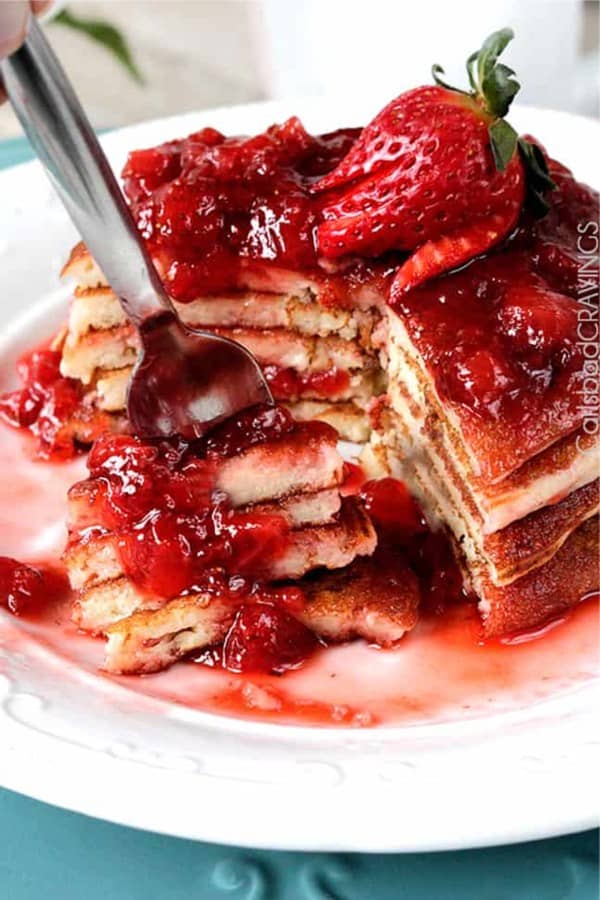 pancakes topped with stawberries