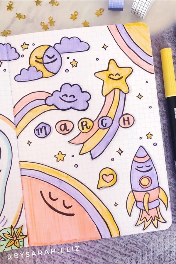 cloud doodles on bujo monthly cover