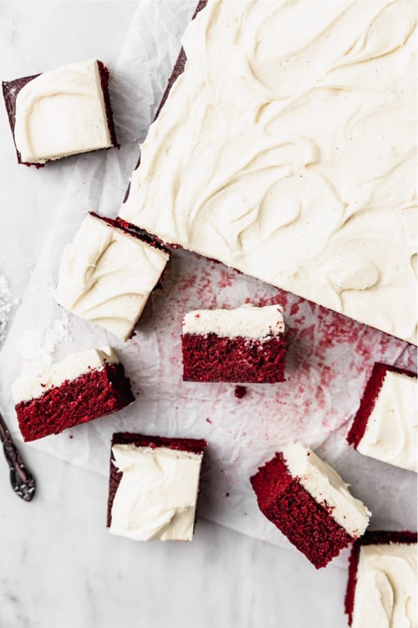 red velvet sheet cake with vanilla frosting