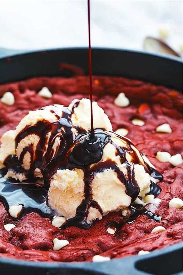 homemade skillet cookie with red velvet