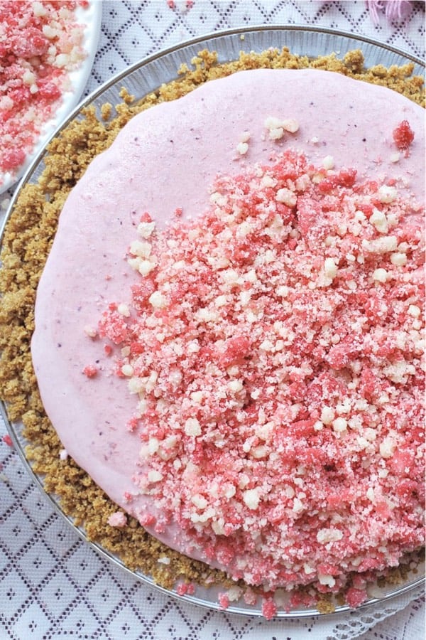 simple freezer pie with strawberry crumbles