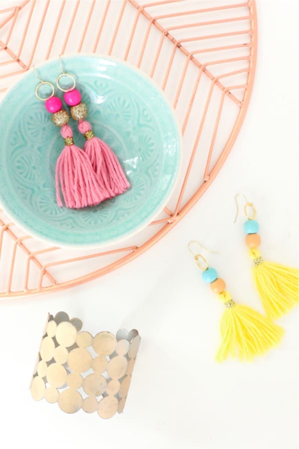 earring craft project with yarn tassel