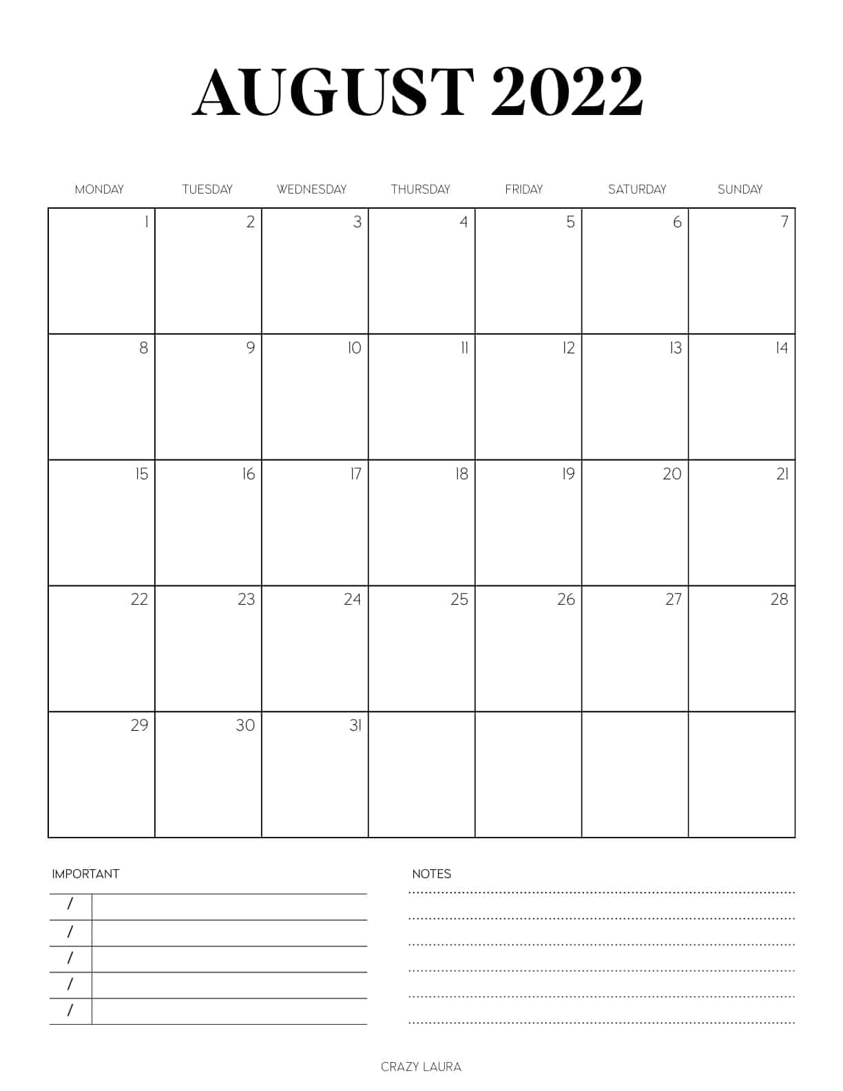 simple august calendar printablr