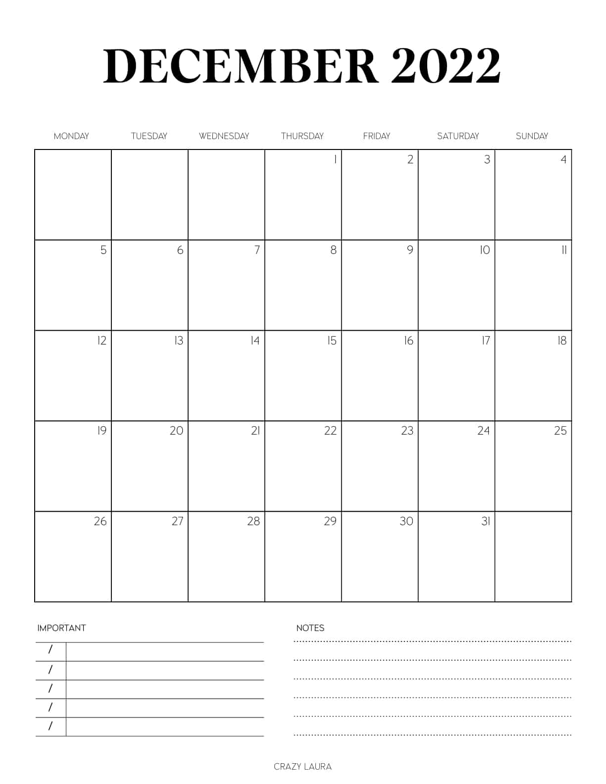 free december monthly calendar