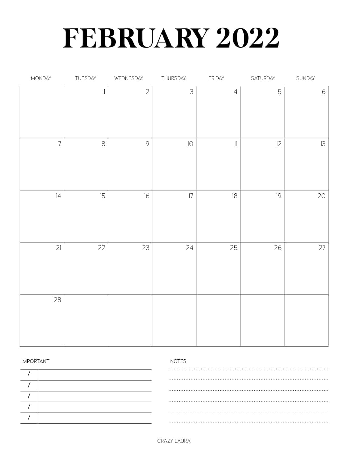 february calendar printable page