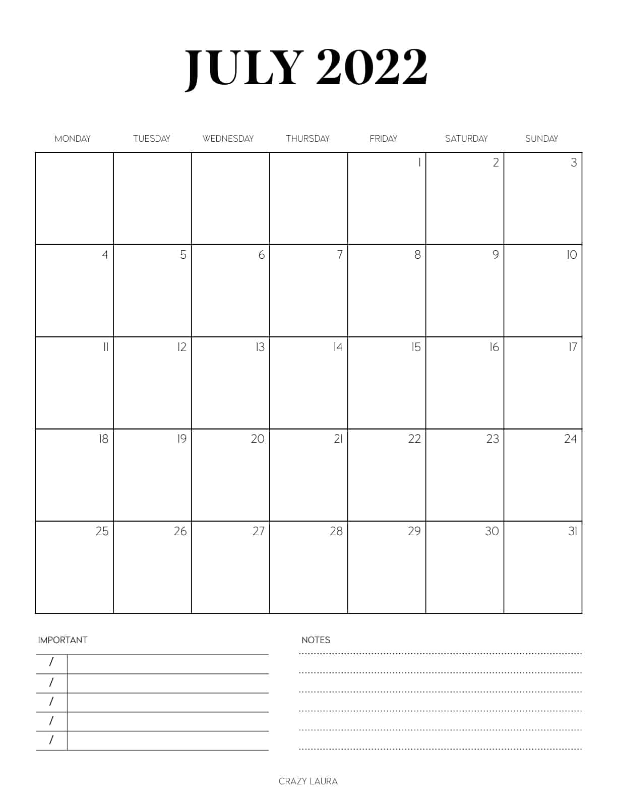 free blank calendar pages to print