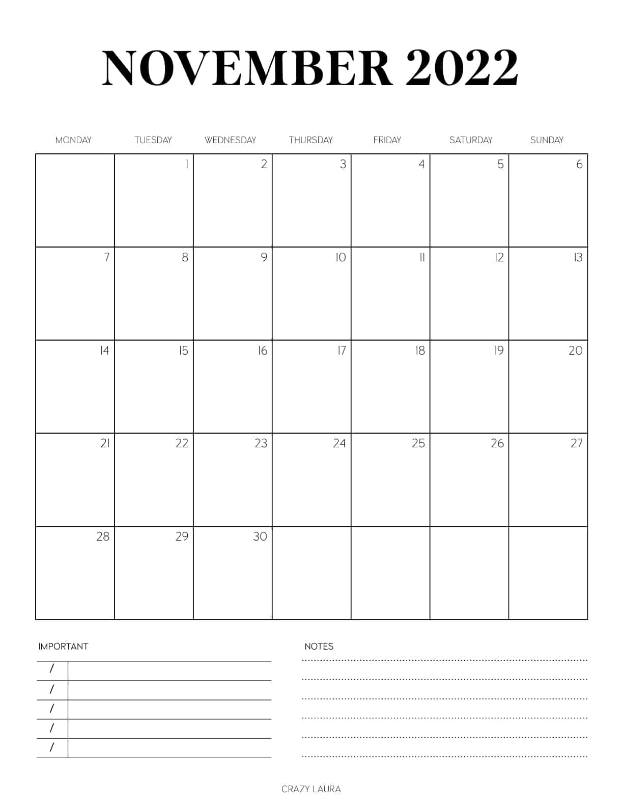 simple monthly vertical calendar