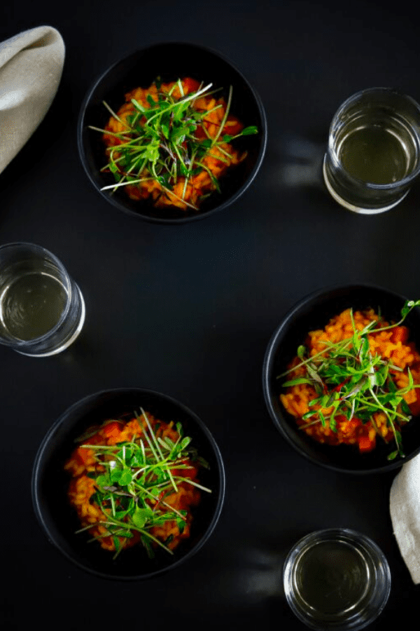Carrot Risotto with Pea Microgreen Salad