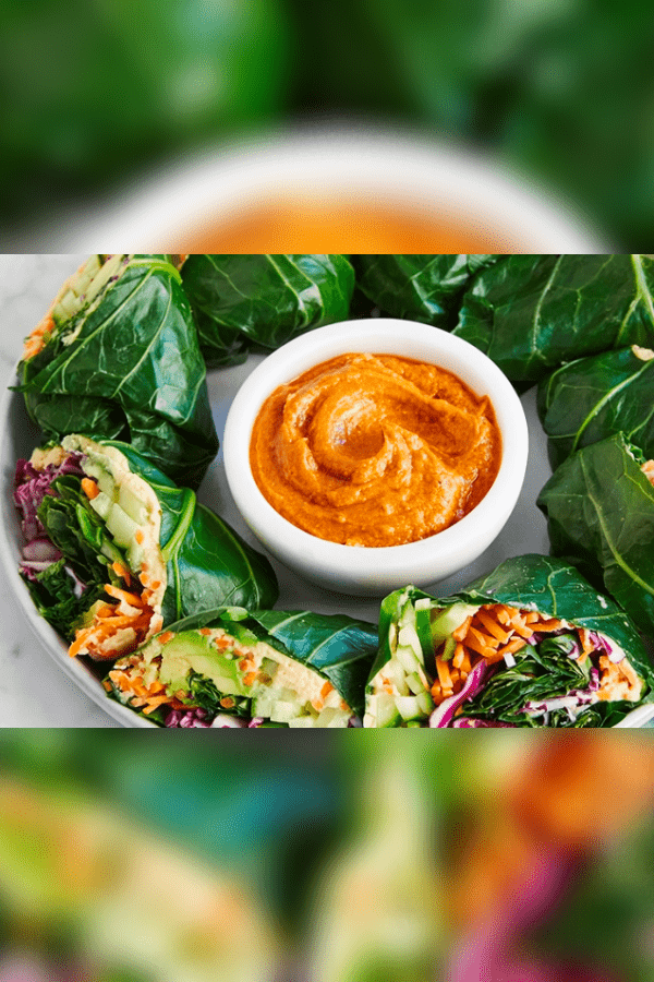 Rainbow Collard Wraps with Peanut Butter Dipping Sauce