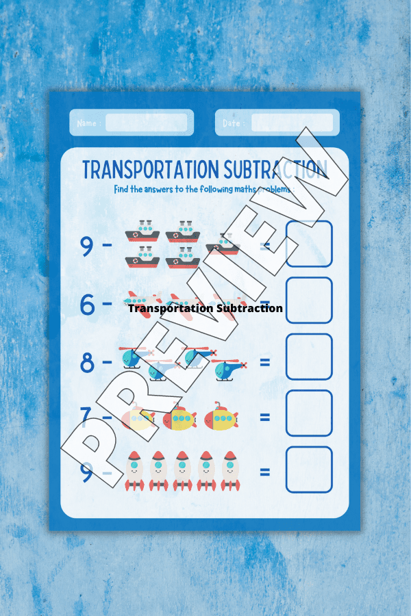 Transportation Subtraction Free Printable