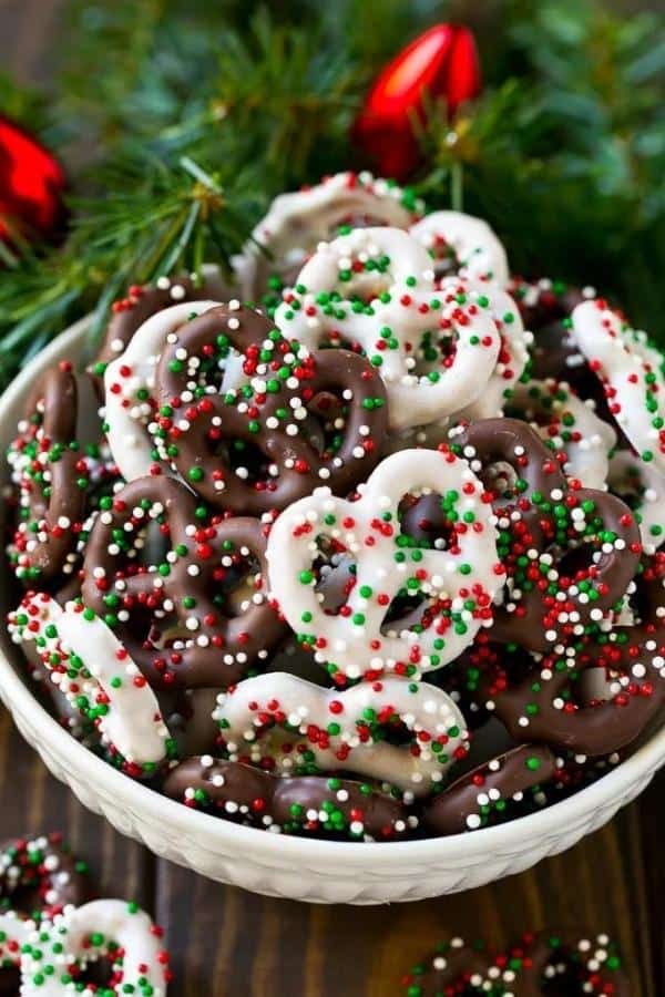 These chocolate-covered pretzels are made with pretzel twists or rods covered in dark and white chocolate
