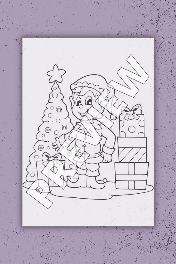 CHRISTMAS ELF WITH PRESENTS COLORING PAGE