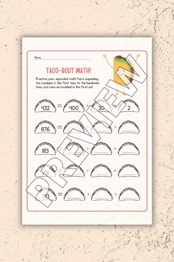 TACO BOUT MATH EXPANDED NUMBERS WORKSHEET