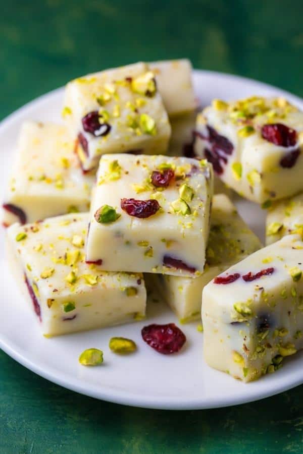 WHITE CHOCOLATE CRANBERRY PISTACHIO FUDGE