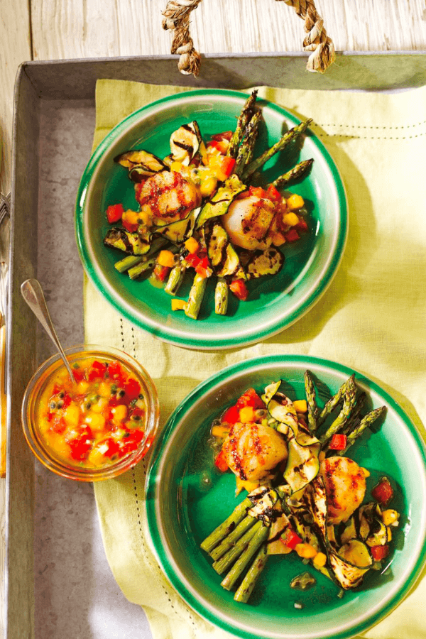 Grilled Scallops and Vegetables with Mango-Passion Fruit Salsa