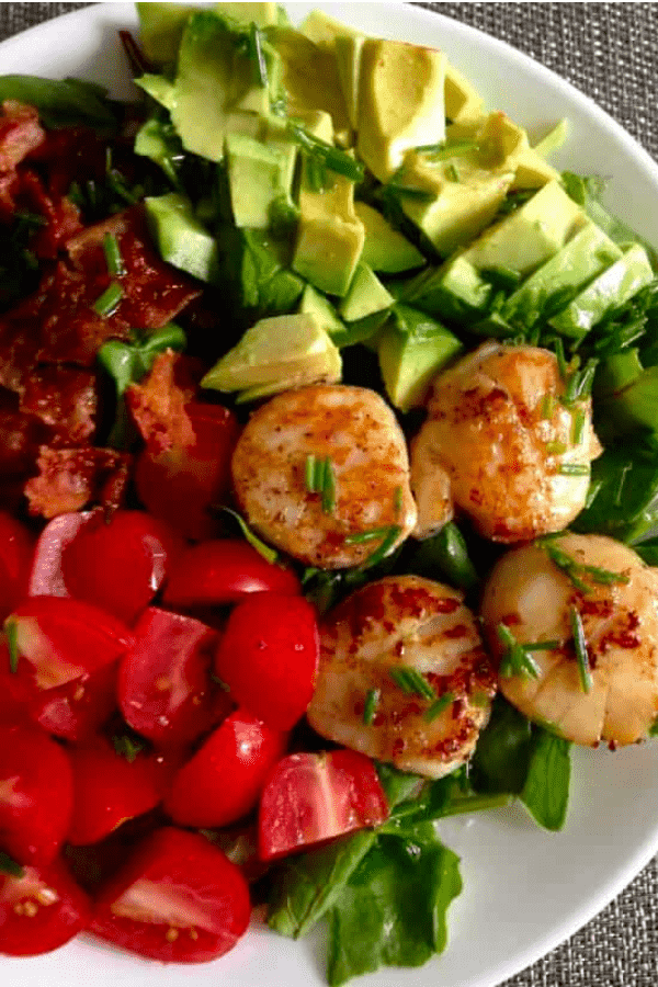 Pan Seared Scallops over Spinach Cobb Salad