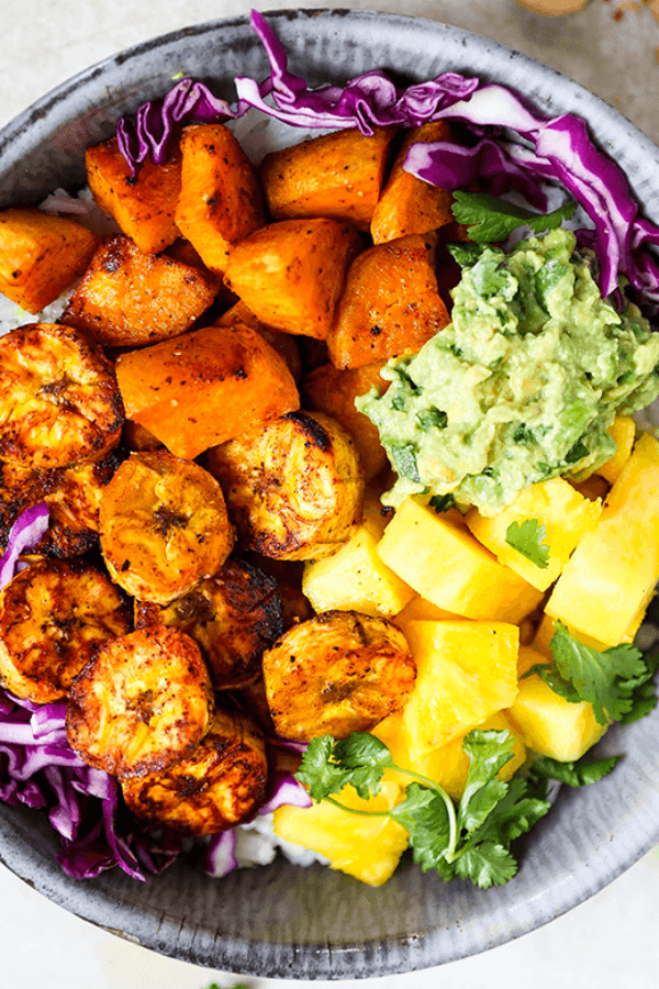 Roasted Plantain and Sweet Potato Rice Bowls