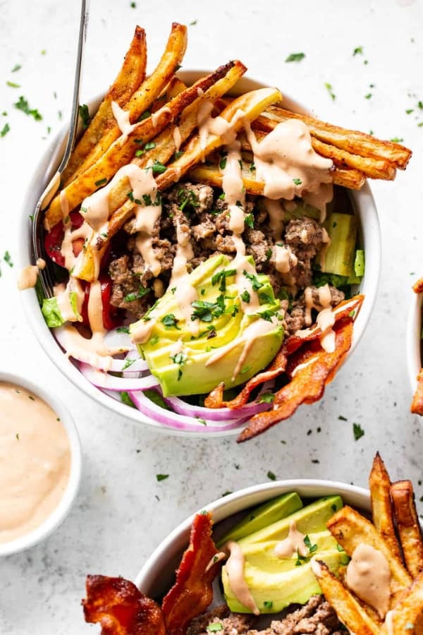 PALEO BURGER BOWLS WITH FRIES