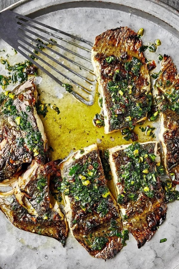 GRILLED FLATFISH WITH PISTACHIO-HERB SAUCE