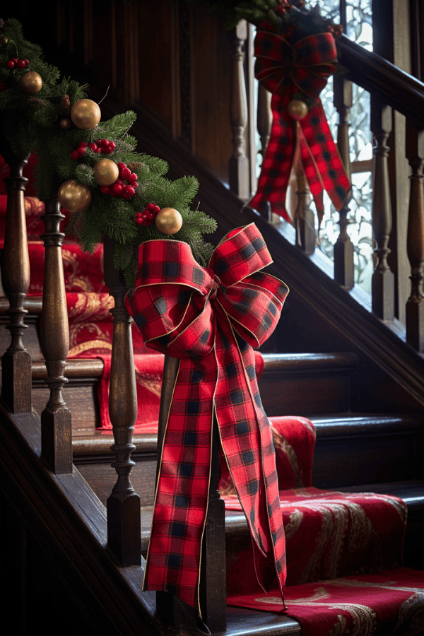 Staircase Banisters With Plaid Bows