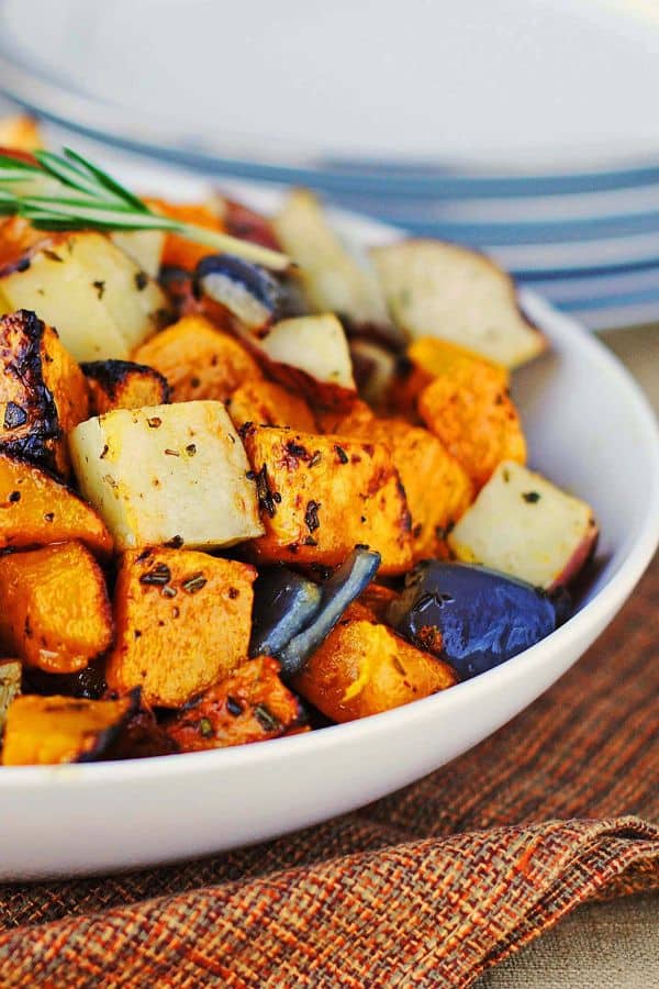 ROASTED BUTTERNUT SQUASH, ONIONS, AND RED POTATOES WITH FRESH HERBS