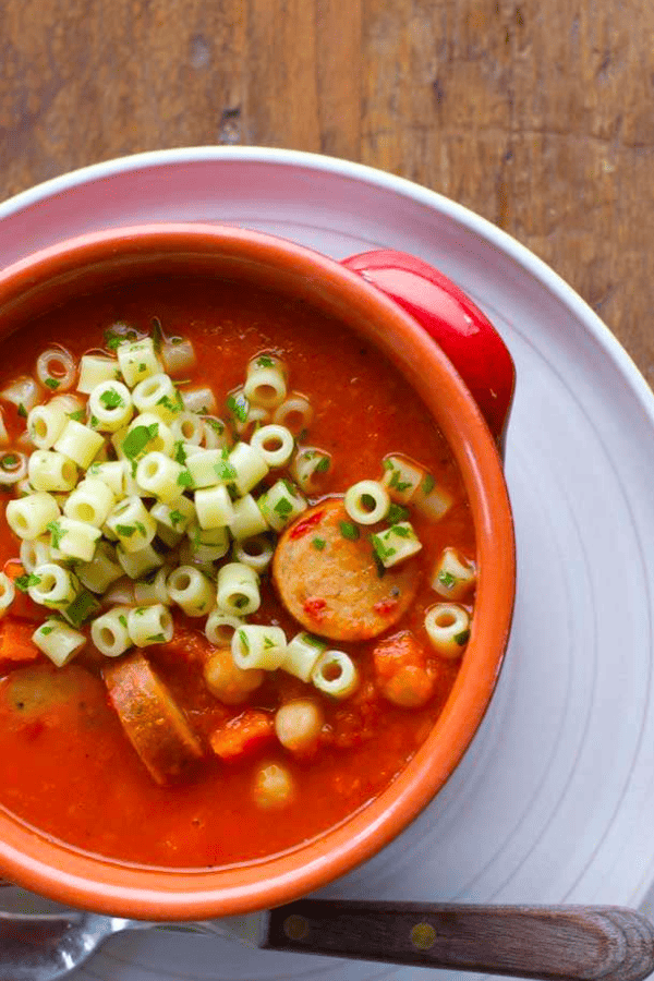 Roasted Red Pepper Soup with Sausage and Chickpeas