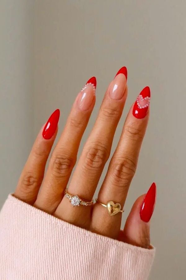 CHERRY RED POLISH WITH PEARLS