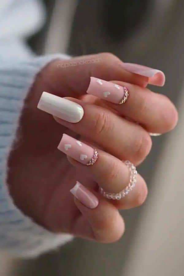 PASTEL PINK AND WHITE NAILS WITH GEM ACCENTS