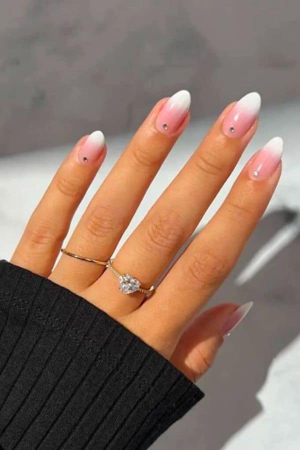 WHITE AND PINK OMBRE NAILS WITH GEM ACCENTS