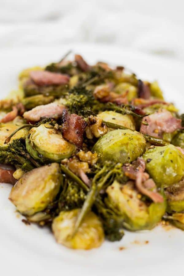 BALSAMIC-ROASTED BRUSSELS SPROUTS WITH BACON AND WALNUTS