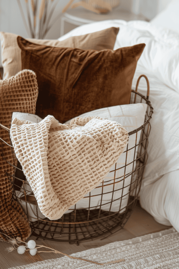Metal Wire Basket with Plush Throw Pillows