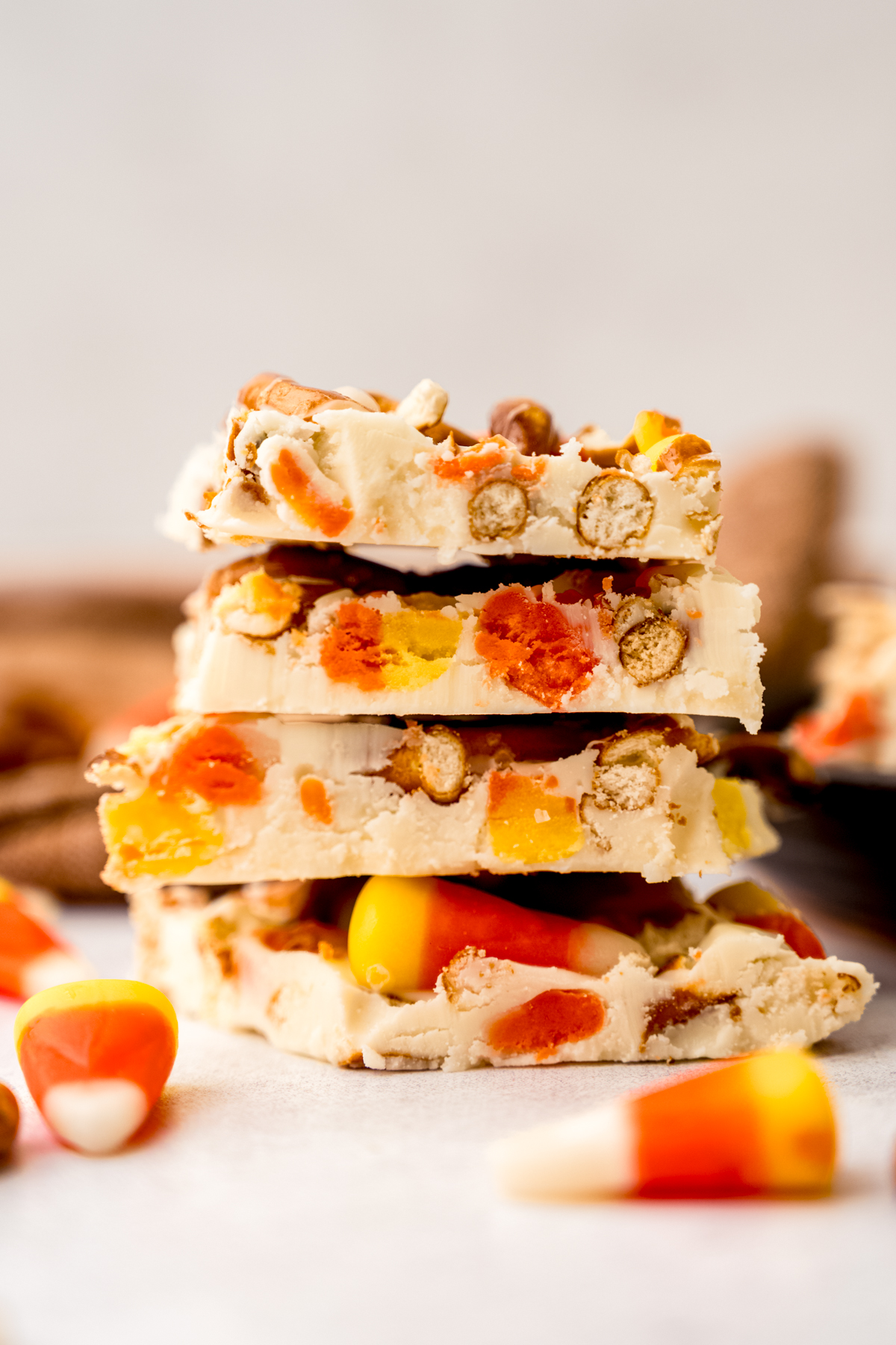 Candy corn and pretzel bark broken into shareable pieces