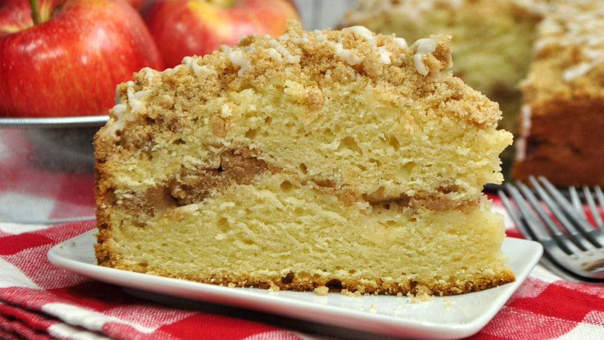 Apple cake with streusel baked inside and sprinkled on top