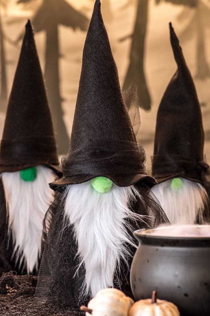 Three felt gnome witches with tall black hats, green noses and white beards, the centre gnome in focus