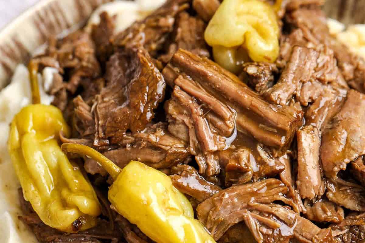 Shredded Mississippi pot roast with pepperoncini peppers