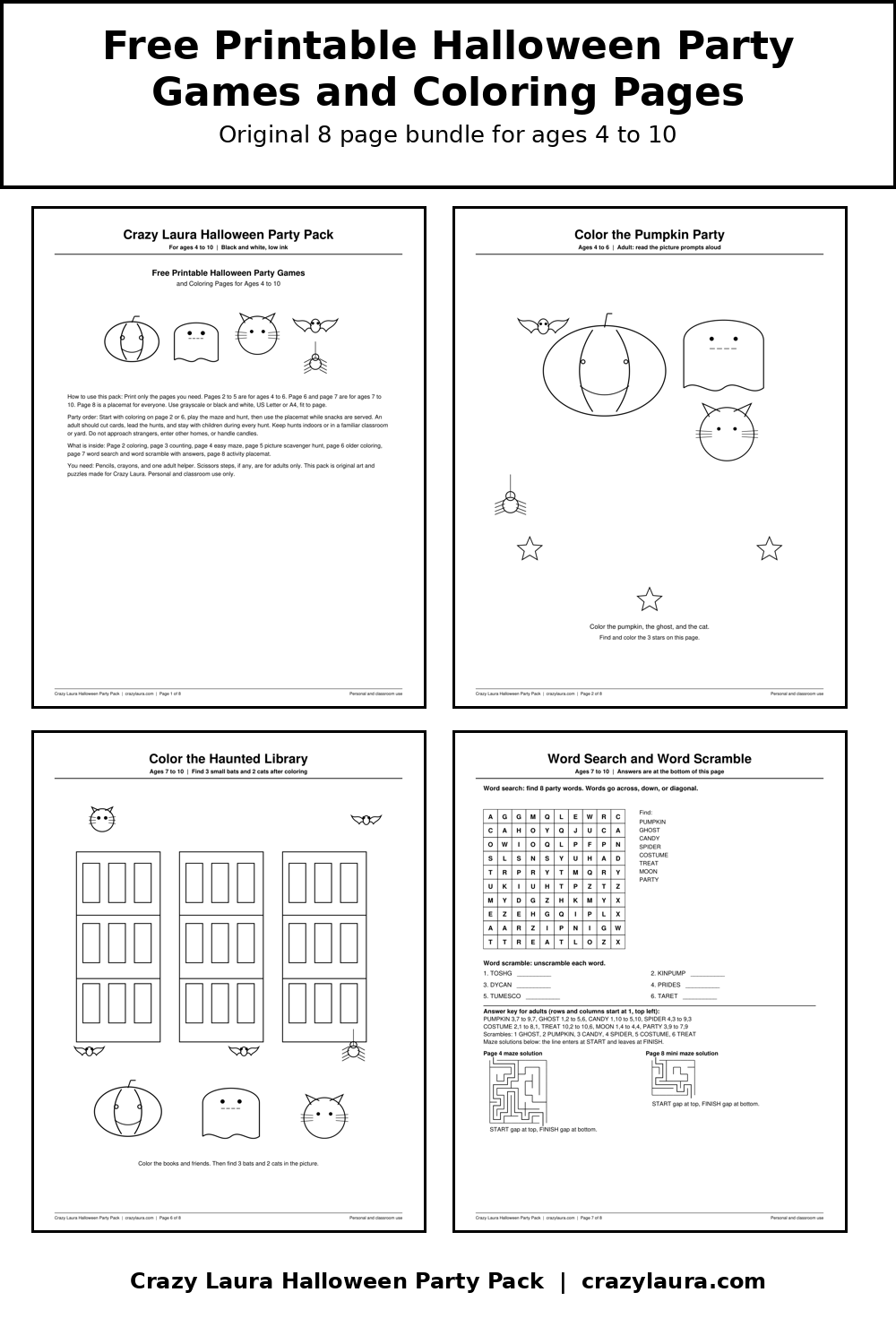 Pinterest preview for free printable Halloween party games showing the bundle cover and coloring and puzzle pages
