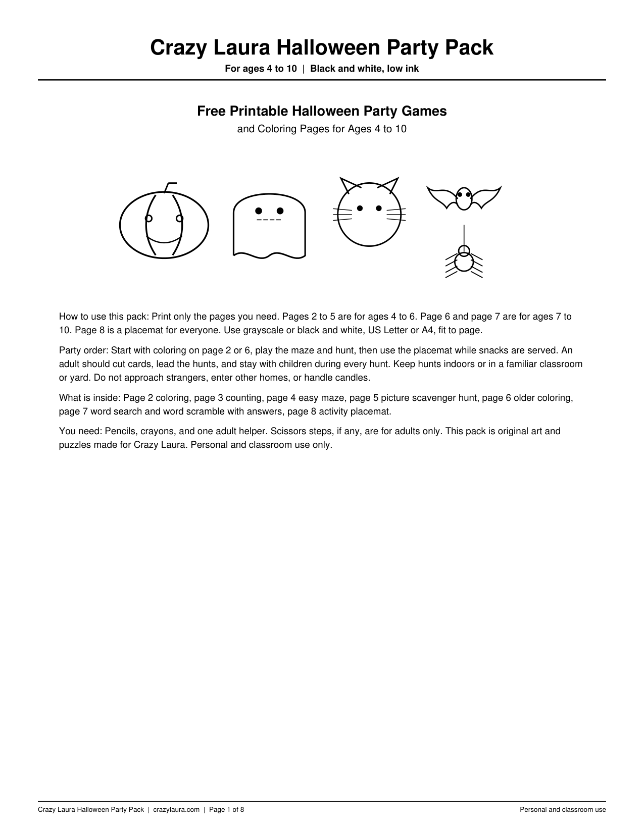 Free printable Halloween party games bundle cover with contents list and friendly pumpkin, ghost, cat, bat, and spider characters