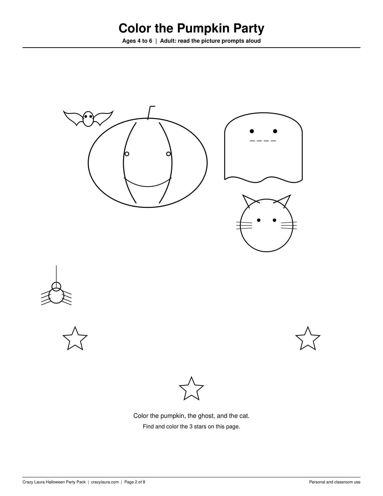 Page 2 pumpkin coloring page with a large pumpkin, ghost, cat, bat, spider, and 3 stars to find for ages 4 to 6