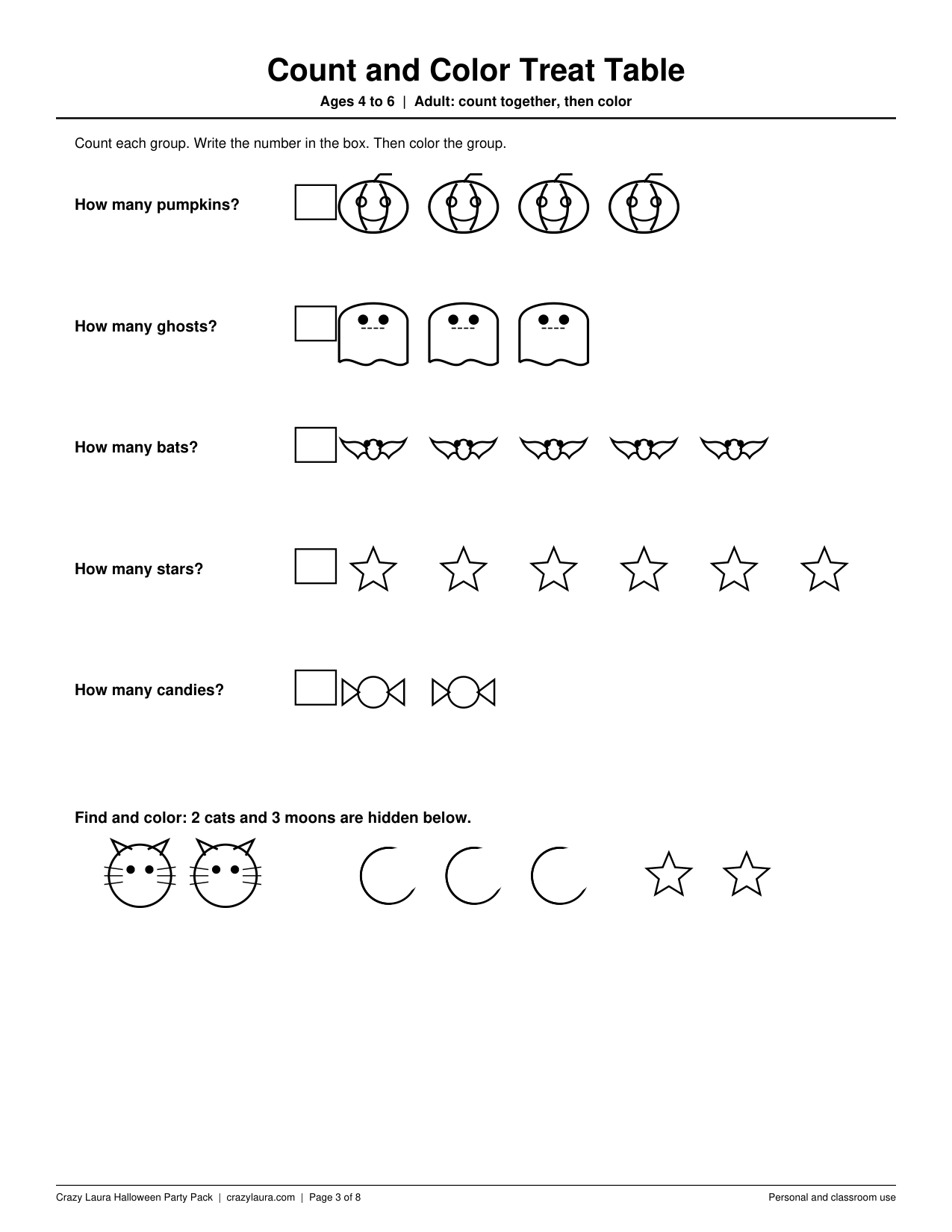 Page 3 count and color page with rows of pumpkins, ghosts, bats, stars, and candies and a find and color strip for ages 4 to 6