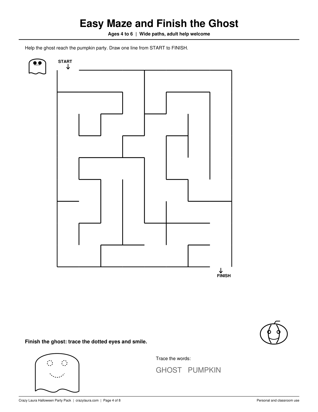 Page 4 easy maze with clear start and finish gaps, a finish the ghost tracing activity, and trace words for ages 4 to 6