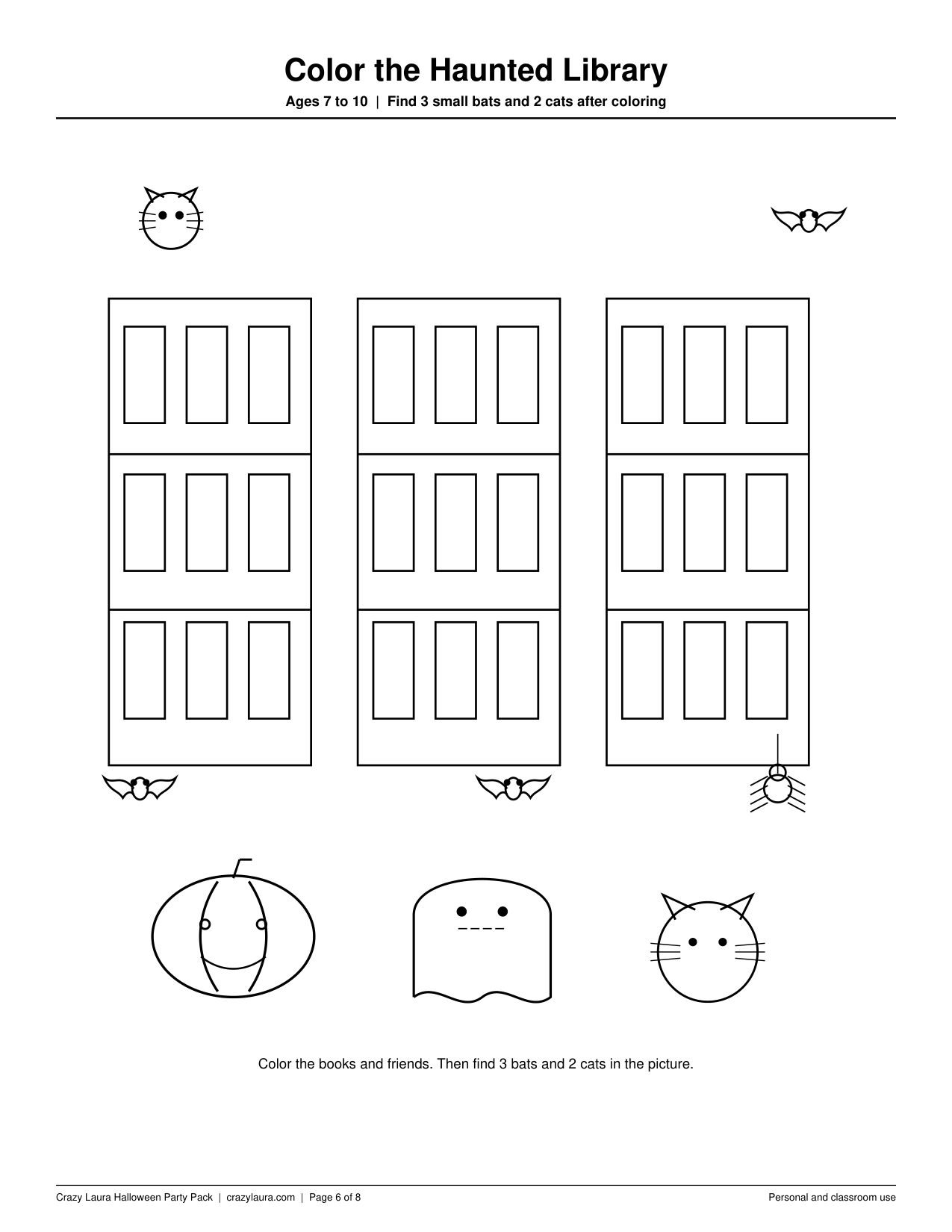 Page 6 haunted library coloring page with three bookcases, a pumpkin, a ghost, a spider, and hidden bats and cats to find for ages 7 to 10