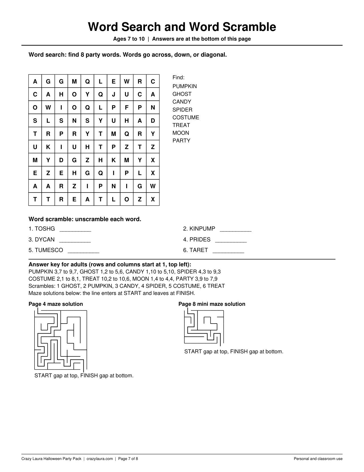 Page 7 word search and word scramble page with an answer key and maze solutions for ages 7 to 10