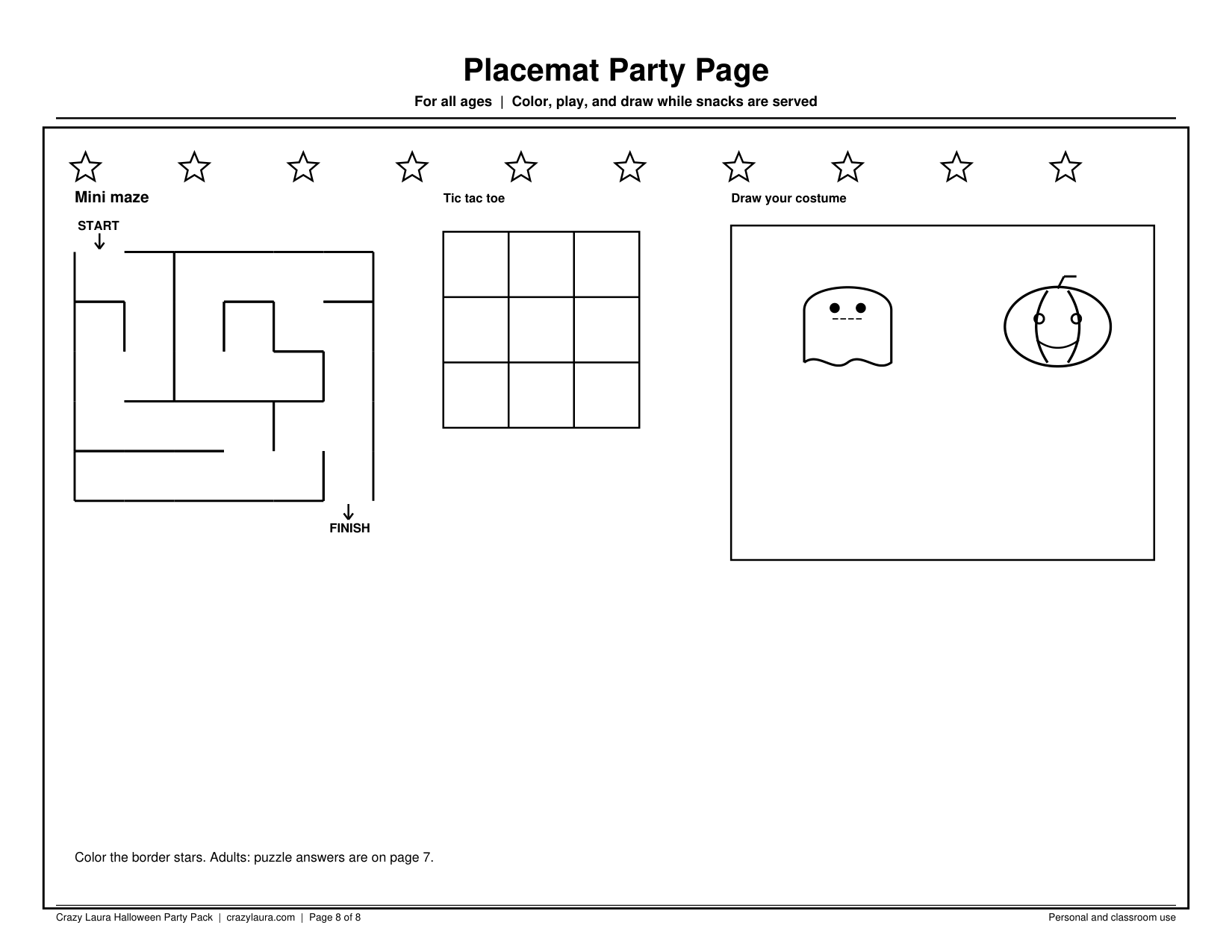 Page 8 landscape placemat party page with a star border to color, a mini maze, a tic tac toe grid, and a draw your costume box for all ages